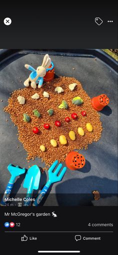 a table topped with lots of food and plastic utensils on top of it