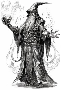 a drawing of an old wizard holding a crystal ball in one hand and a skull in the other