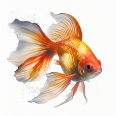 an orange and white goldfish swimming in water with bubbles on it's side