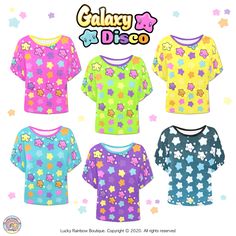 A Kawaii Rainbow Print Star T-shirt Featuring Batwing Sleeves, Contrasting Scoop Neck and White Top Stitching. Assorted Colours to choose from. Material is Soft Polyester Every day's a disco in our 'Galaxy Disco' Batwing T-shirts! A Kaleidoscopic collection of pretty Pastels and fun Brights with happy stars to dance to the day, your way! Stylish and comfortable; a fun addition to complete your Summer outfit!  6 Colour ways to choose from.  Why not wear one with our Galaxy Disco Leggings to creat Casual Multicolor Tops With Star Print, Multicolor Cartoon Print Pop Culture Tops, Cute Crew Neck Top With Star Print, Multicolor Anime Print Short Sleeve Tops, Cute Star Print Crew Neck Top, Multicolor Short Sleeve Kawaii Tops, Casual Multicolor Star Print Top, Kawaii Clothes Aesthetic, Harajuku Style Multicolor Summer T-shirt