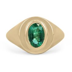 A luxurious solitaire emerald ring. The center stone features a magnificent 1.55-carat, natural oval cut emerald ethically sourced from the mines of Zambia. This gemstone showcases a desirable rich, vivid, dark green color with a divine yellowish-green hue. Superb luster and clarity can be seen as well. This splendid gem is carefully bezel set in an 18K yellow gold setting. Unisex, enjoyed by any gender.  Setting Style: Bezel - Solitaire  Setting Material: 18K Yellow Gold Setting Weight: 12.1 Grams Main Stone: Emerald Shape: Oval Cut Weight: 1.55-Carats Clarity: Transparent Color: Rich Dark Green Luster: Excellent Treatments: Natural, Oiling Origin: Zambia Estimated Retail Value: $15,490.00 USD Keep in mind we custom create all of the items listed here. If you have a special request for a Gold Schmuck, Oval Cut Ring, Yellowish Green, Emerald Gem, Jupiter Fl, Tiny Bow, Dark Green Color, Green Oval, Solitaire Setting