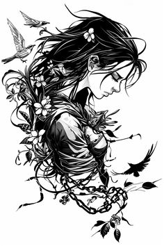 a drawing of a woman with flowers and birds around her neck, in black and white