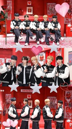 the group is posing for pictures together in front of red wall with stars and heart shaped balloons