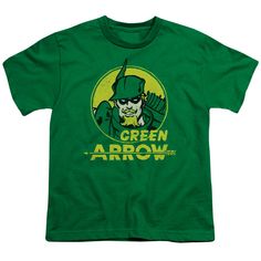 The Green Arrow Archer Circle Kids Youth T Shirt Item Description: The Green Arrow Archer Circle Kids Youth t-shirt is made from 100% pre-shrunk medium weight cotton.   Kids Youth t-shirt is made from 100% pre-shrunk medium weight cotton.  Every item we sell is original and fully licensed. If a shirt is designated as "distressed", the design contains intentional skips and voids which give the shirt a worn-in or vintage look. These are part of the actual design and do not reflect poor printing. T Green Pop Culture T-shirt With Character Print, Green Cotton Pop Culture T-shirt, Retro Green T-shirt For Fans, Cotton Top For Comic-con Fan Merchandise, Cotton Tops For Comic-con Fan Merchandise, Cotton Fandom Shirt With Character Print, Comic-con Graphic Cotton T-shirt, Casual Tops With Graphic Print For Comic-con, Casual Comic-con Graphic Print Top