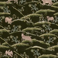 an animal themed wallpaper with various animals on it's side and trees in the background