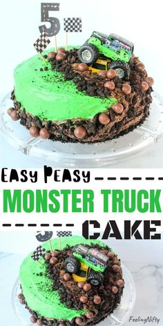 a monster truck cake with green frosting and chocolate sprinkles on top