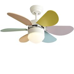 a white ceiling fan with four different colored blades on it's blades and two light bulbs