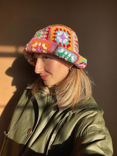 Multicolor Brimmed Cloche Hat, Fun Multicolor Wide Brim Hat, Multicolor Wide Brim Fun Hat, Funky Multicolor Bucket Hat For Festivals, Retro Multicolor Bucket Hat With Curved Brim, Adjustable Multicolor Bucket Hat, Playful Multicolor Costume Hats, Casual Beanie For Festivals, Retro Winter Hat One Size