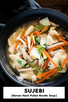 a bowl of soup with carrots, celery, and noodles in it