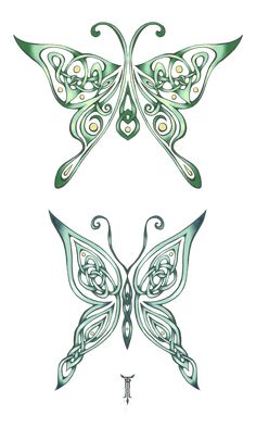 two green butterflies with intricate designs on their wings, one in the shape of a butterfly