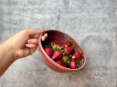 a person holding a bowl full of strawberries in their hand, on a gray background