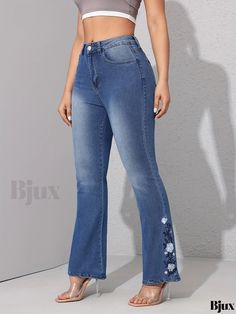 Bjux - Womens Denim Jeans: Blue Floral Embroidered Flare Jeans with Mid-Stretch, Slant Pockets, Slim Fit, and Fashionable Bell Bottom Design Non-stretch Denim Blue Bottoms With Floral Embroidery, Embroidered Blue Flare Jeans For Spring, Blue Embroidered Flare Jeans For Spring, Casual Embroidered Denim Blue Flare Jeans, Non-stretch Denim Jeans With Embroidery, Casual Embroidered Flare Jeans In Denim Blue, Embroidered Denim Blue Cotton Flare Jeans, Spring Embroidered Denim Blue Flare Jeans, Spring Embroidered Cotton Flare Jeans