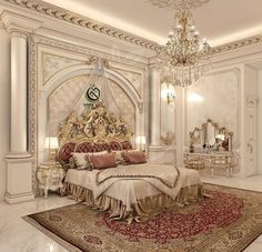 a large bed sitting in the middle of a bedroom next to a chandelier