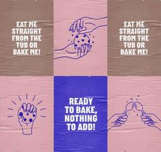 four different posters with words on them that read, ready to bake, nothing to add