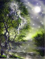 a painting of a fairy flying through the night sky over a forest with stars and moon