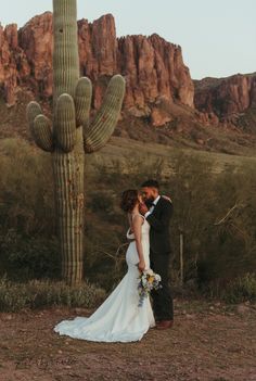 a bride and groom kissing in front of a saguado cactus at their wedding