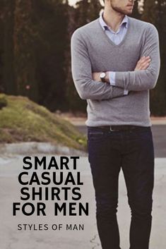 At the center of all men’s shirting stands the standard collared shirt, a great starting point for creating men’s smart casual outfits. Dress it up in the winter with a sweater. These smart casual shirts are great for transition from spring to summer or fall to winter. #menssmartcasual #smartcasualfashion #mensfashion Realtor Clothes, Casual Outfits Dress, Men's Smart Casual