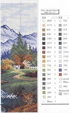 a cross stitch pattern with mountains and trees in the background, on top of a page