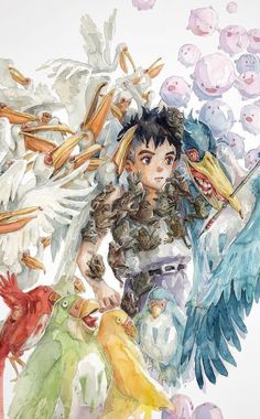 an anime character is surrounded by birds