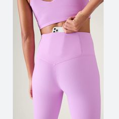 Color: Orchid (Light Purple Pink) Size: Medium Condition: New Solid: 75% Nylon/25% Lycra@ Elastane Shine: 75% Recycled Polyester/25% Lycra Elastane Rib: 85% Nylon/15% Elastane Fitted, High Rise, Hits At That Sweet Spot Right Above The Ankle For A Less-Restrictive Feel Purple Athleisure Leggings For Running, Purple Athleisure Yoga Pants For Running, Sporty Purple Yoga Pants For Training, Purple Compressive Athleisure Yoga Pants, Purple Compressive Sporty Yoga Pants, Compressive Purple Yoga Pants In Athleisure Style, Compressive Athleisure Purple Yoga Pants, Compressive Purple Yoga Pants For Athleisure, Purple Stretch Activewear For Running