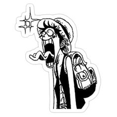 a black and white drawing of a man with a backpack on his back sticker