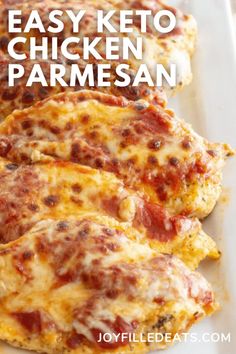 easy keto chicken parmesan on a white platter with text overlay