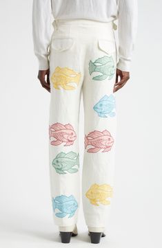 Colorful appliqués inspired by fish-shaped coasters from the 1980s, which came in six different colors, enliven these pants tailored from breathable linen. 30" inseam; 18" leg opening; 12" front rise; 15 1/2" back rise (size 32) Zip fly with button-tab closure Front slant pockets Adjustable buckle side tabs 100% linen Dry clean Imported Designer Clothing Pants Tailored, Bachelorette Outfits, Hey Girl, The 1980s, Linen Pants, Bottoms Pants, No Frills, Clothing Items, Designer Clothing