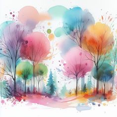 watercolor painting of colorful trees on white background