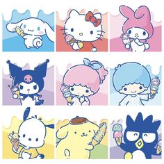 hello kitty stickers are all different colors and sizes, including one with an ice cream cone