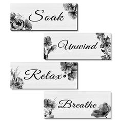 three wooden signs with flowers on them