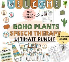 the boho plants speech therapy ultimate bundle is shown with text and illustrations on it