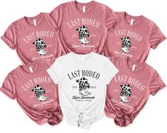 six women's t - shirts in pink and white with the last rodeo logo on them