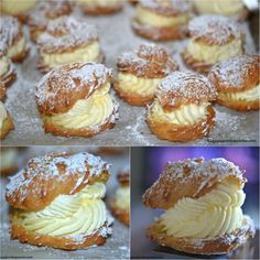 several pictures of pastries with icing and powdered sugar toppings on them