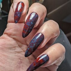 Dark Nailart Art Designs, Cold Season Nails, Dark Abstract Nails, Black Maroon Nails, Navy Red Nails, Dark Blue And Red Nails, Red And Navy Nails, Navy Blue And Red Nails, Light Blue And Red Nails