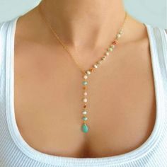 Turquoise Beaded Dangle Necklaces, Turquoise Beaded Chain Necklace With Dangle, Turquoise Beaded Chain Lariat Necklace, Turquoise Lariat Necklace With Beaded Chain, Turquoise Gemstone Beads Dangle Necklace, Turquoise Dangle Necklaces With Gemstone Beads, Turquoise Dangle Jewelry With Colorful Beads, Bohemian Chain Necklace With Colorful Beads For Jewelry Making, Turquoise Necklace With Round Beaded Chain