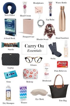 the contents of a carry on essentials bag with text that says carry on essentials