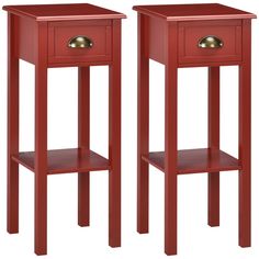 pair of red wooden side tables with one drawer open and the other closed on both sides