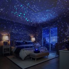 a bedroom with stars on the ceiling and blue lights shining down from the ceiling to the bed