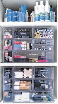 two shelves filled with lots of beauty products