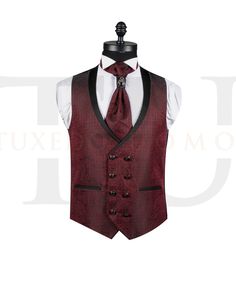 Fitted Sleeveless Tuxedo Set, Elegant Fitted Red Vest, Elegant Sleeveless Fitted Tuxedo, Luxury Groom's Accessories, Elegant Fitted Vest For Groom, Elegant Sleeveless Business Sets, Tailored Luxury Sets For Black Tie Events, Fitted Suiting Fabric Sets For Black-tie Events, Custom Fit Tuxedo Set For Semi-formal Occasions