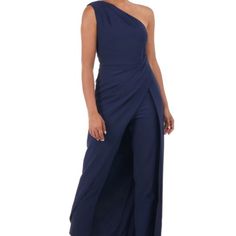 This Jumpsuit Represents An Understated Elegance That’s Effortless To Style. Designed With Luxurious Stretch Crepe, It Features A One Shoulder Pleated Bodice, And An Asymmetric Low Silhouette. Side Zipper One Shoulder Skinny Leg Stretch Crepe 88% Polyester, 12% Spandex The Manuf Tag Is Missing...The Dept Store Tag Is Attached Fitted Blue Floor-length Jumpsuits And Rompers, Blue Fitted Floor-length Jumpsuits And Rompers, Blue Fitted Floor-length Jumpsuit, Blue Full-length Evening Pants, Blue Full Length Evening Pants, Evening Blue Full Length Pants, Elegant Blue Wedding Jumpsuits And Rompers, Fitted Blue Pantsuit For Wedding, Blue Fitted Pantsuit For Weddings