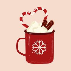 a red mug filled with hot chocolate and marshmallows on top of it