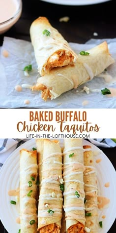 baked buffalo chicken taquitass on a white plate