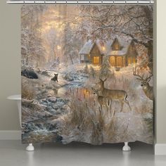 Winter Glow Shower Curtain Deer Shower Curtain, Cabin Snow, Grass Border, Cottagecore Living, Log Cabin Furniture, Wood Cabin, Cabin Furniture, Snow Covered Trees, White Snow