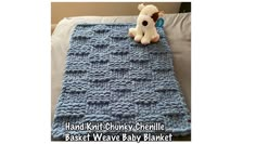 a crocheted blanket with a teddy bear on it and the words hand knit chunky chevronle basket wave baby blanket