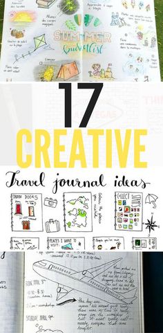 an open book with the title 17 creative travel journal ideas on top and below it