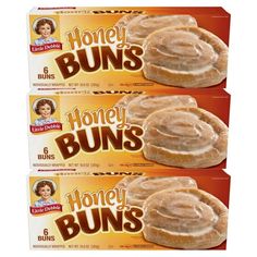 three boxes of honey buns are shown