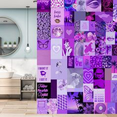 a bathroom with purple and white tiles on the wall