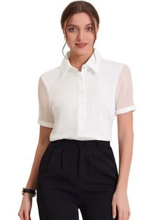 This solid shirt top adds to your choice for the summer. With the design of the point collar and sheer short sleeves, this top can make you look slim. Perfectly pair it with pants or skirts for a work style. Suitable for many occasions, work, formal, business casual, daily wear, casual, weekend gathering, dating, etc. Formal Half Sleeve Tops For Summer, Elegant Half Sleeve Summer Shirt, Classic Half Sleeve Office Blouse, Classic Half Sleeve Blouse For Work, Elegant Short Sleeve Tops For Office Wear, Semi-formal Collared Office Tops, White Half Sleeve Office Blouse, Chic Half Sleeve Office Tops, White Half Sleeve Blouse For Office