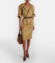 Cotton twill midi dress in beige - Saint Laurent | Mytheresa Beige Cotton Midi Dress With Pockets, Cotton Midi Dress With Pockets For Work, Khaki Midi Dress For Work, Khaki Knee-length Midi Dress For Work, Beige Cotton Dresses For Work, Beige Belted Cotton Dress, Office Cotton Belted Dresses, Cotton Belted Office Dress, Belted Cotton Midi Dress For Fall